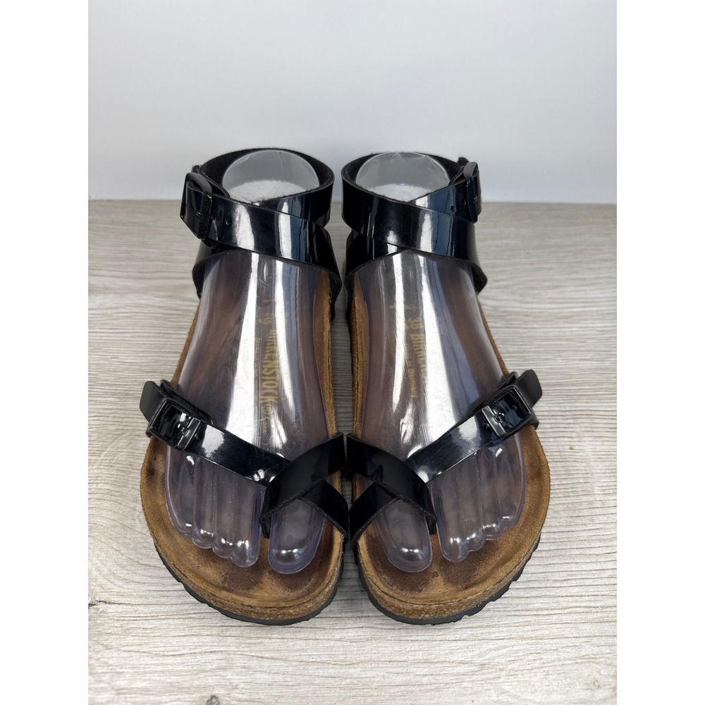 Birkenstock Yara Women 38 Black Patent Ankle Strap Toe Loop Sandals